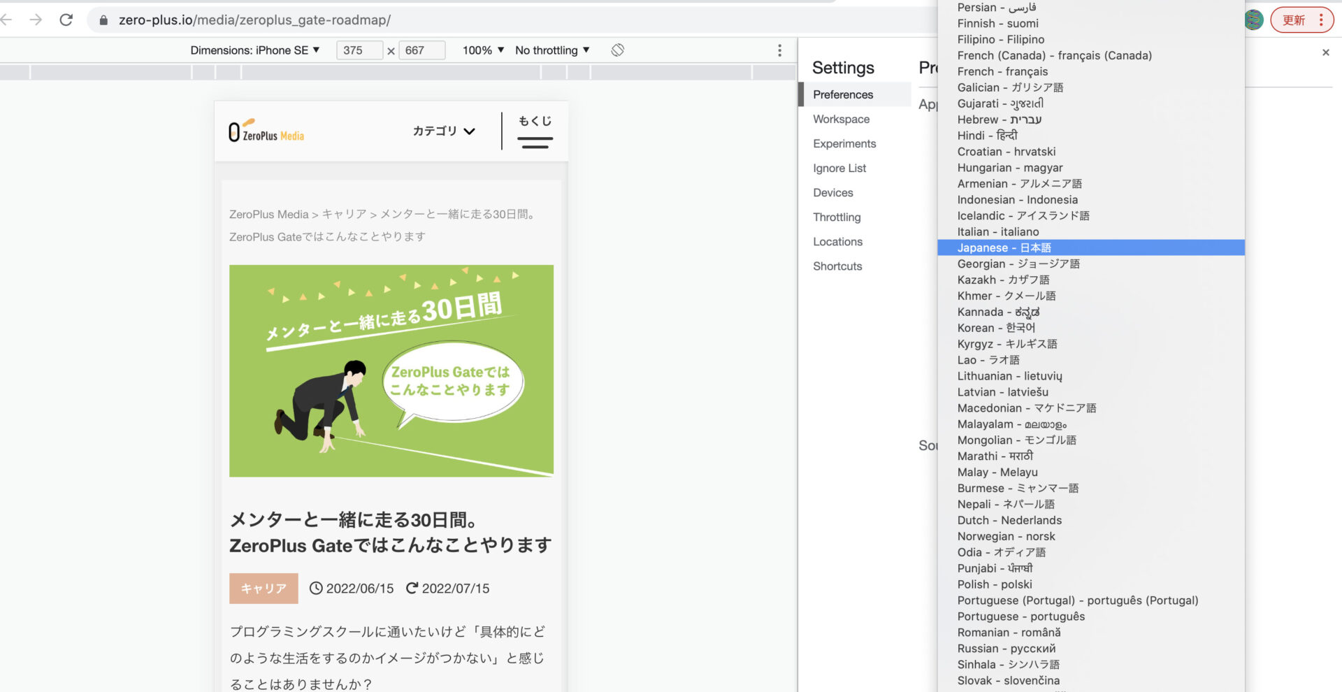 検証ツールの言語設定で日本語を選択